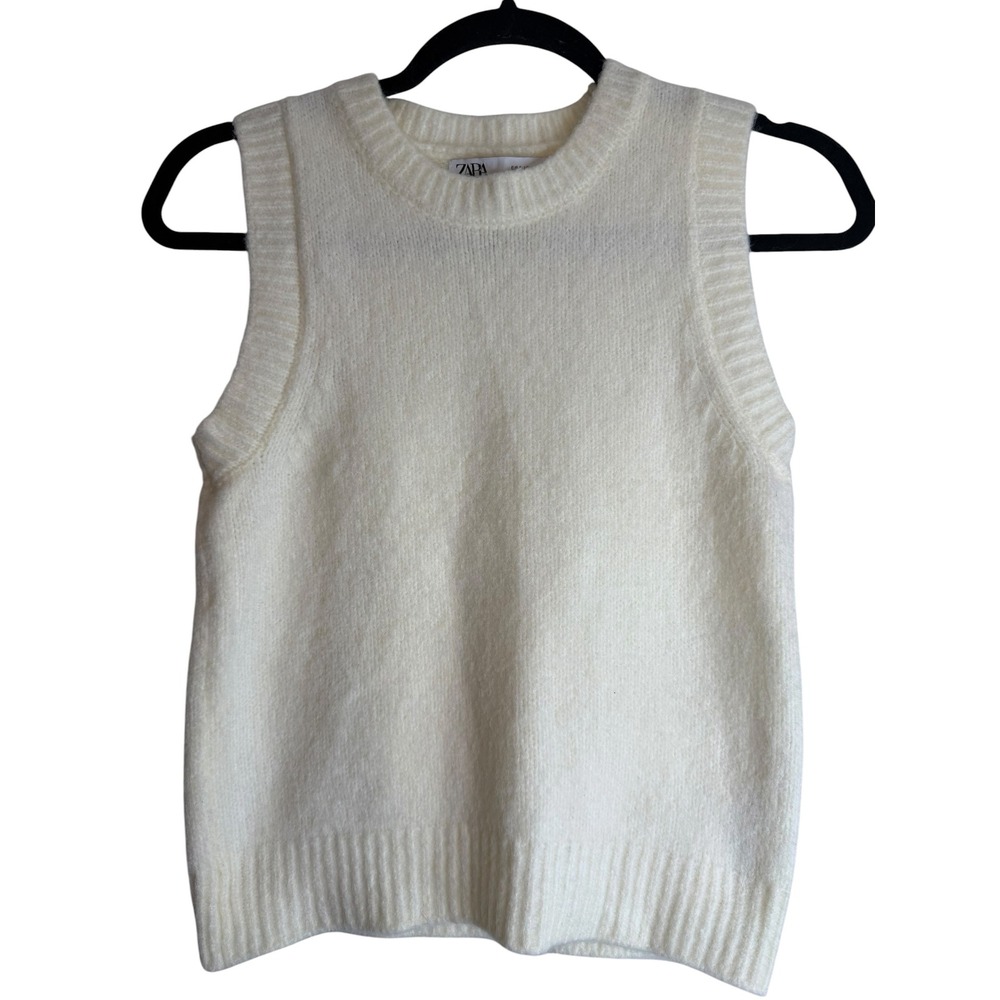 Zara Womens Cream White Soft Knit Sleeveless Crew Neck Sweater Vest Small